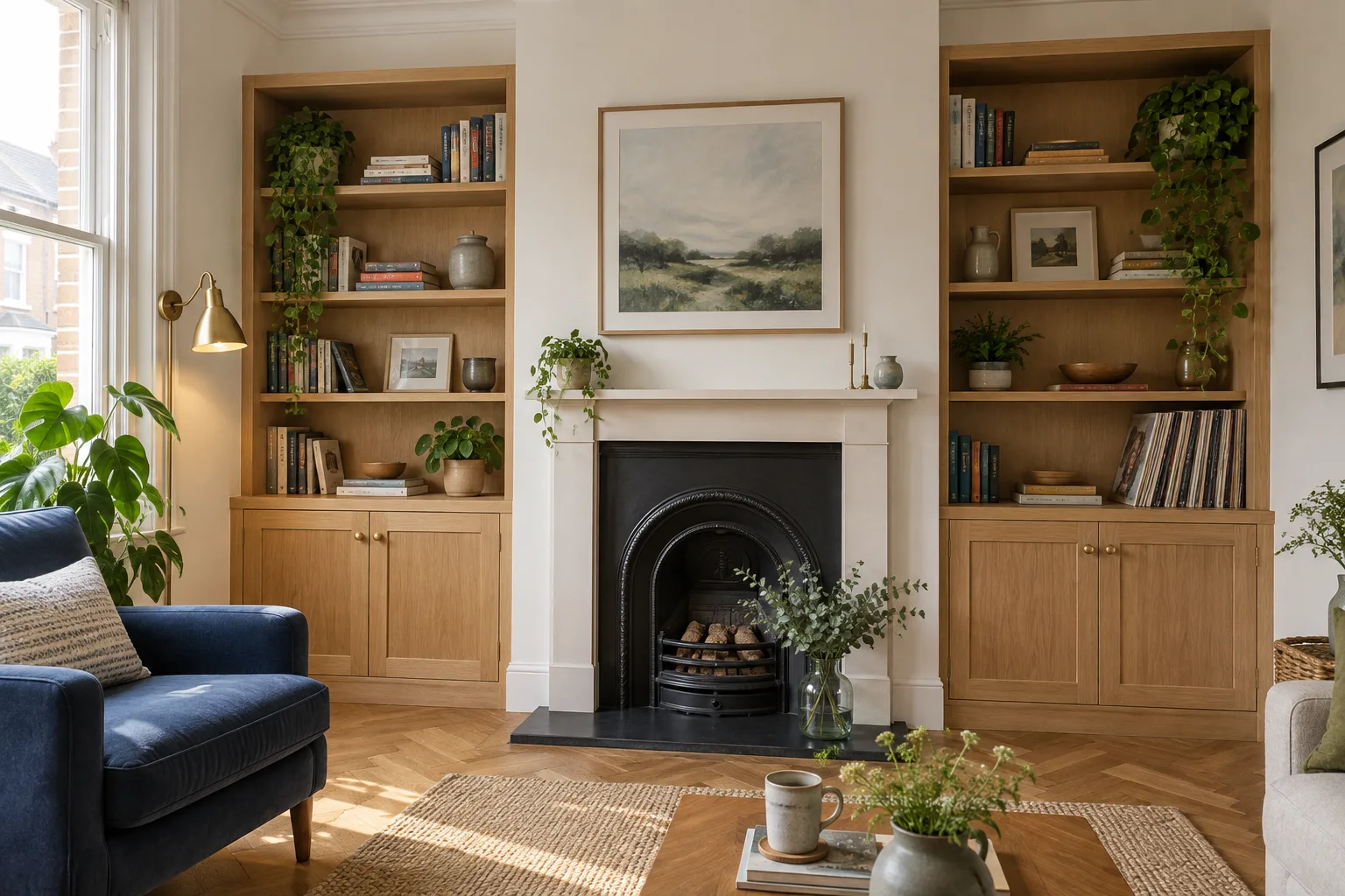 Living room fireplace with oak shelves fitted into both alcoves
