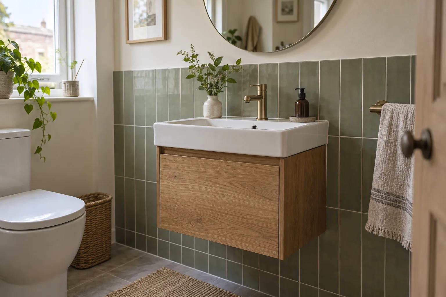 Warm wood bathroom vanity, round mirror, and pale tiled wall