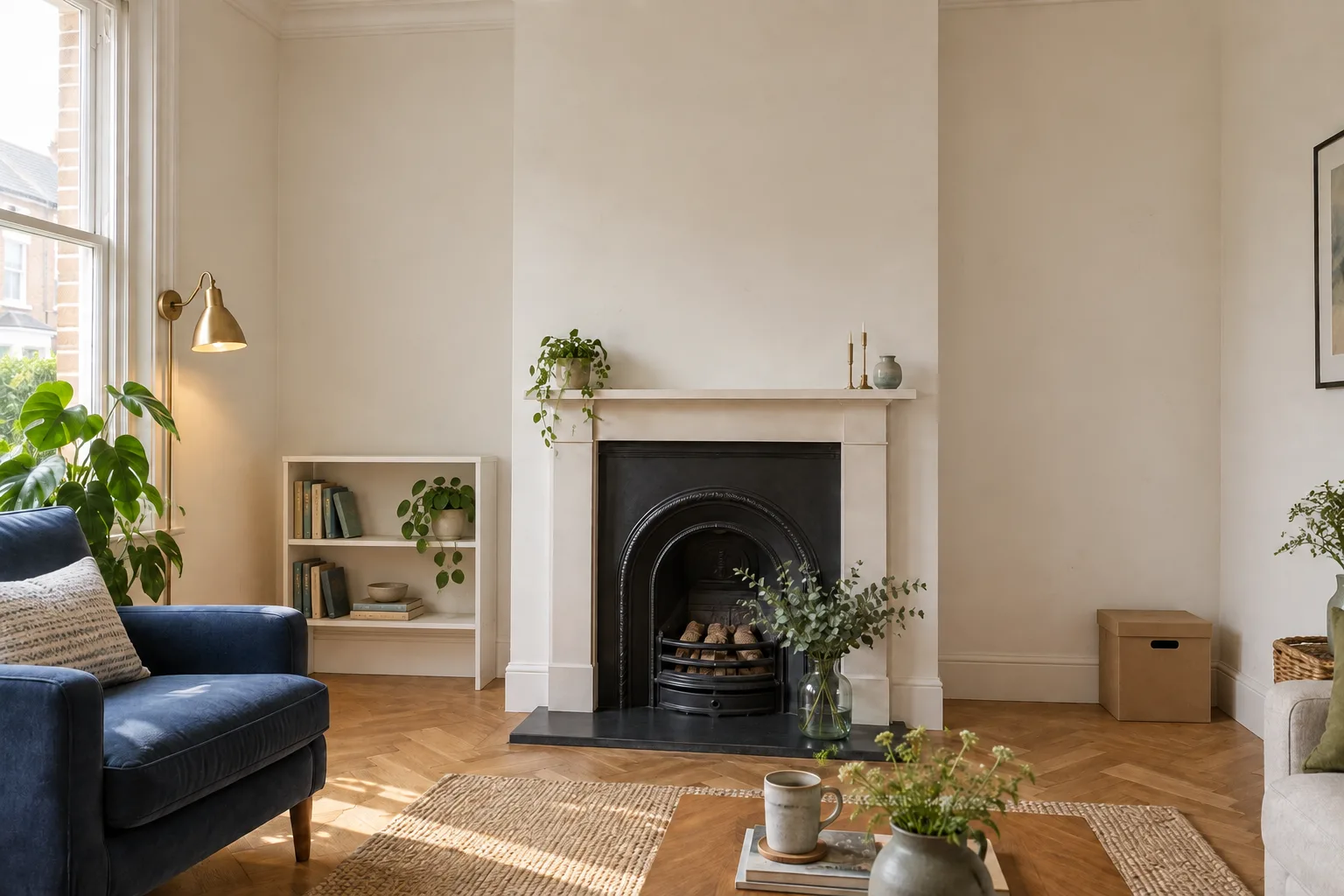 Living room fireplace with empty alcoves before carpentry