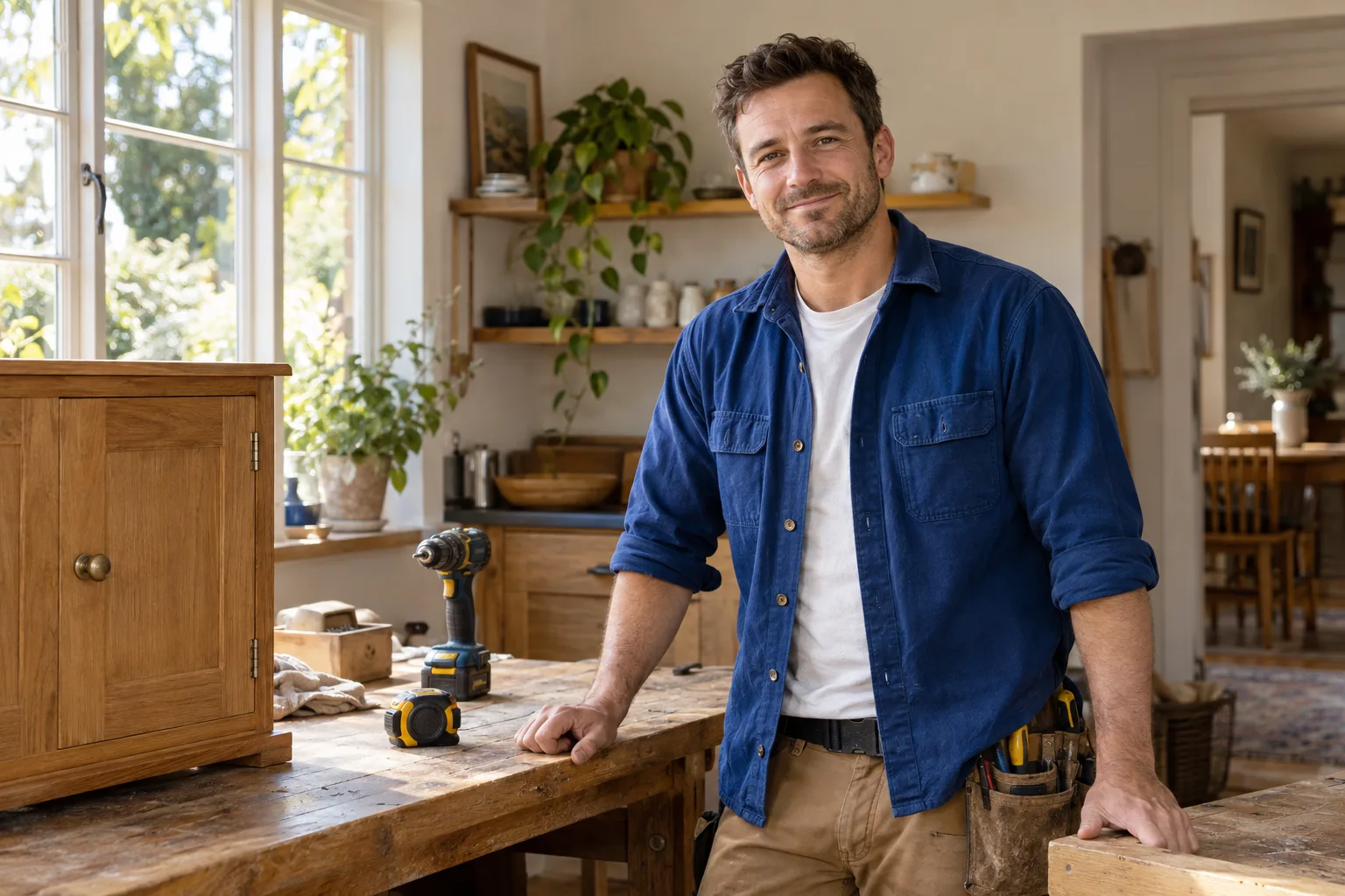 Carpenter standing at a timber workbench in a bright workshop
