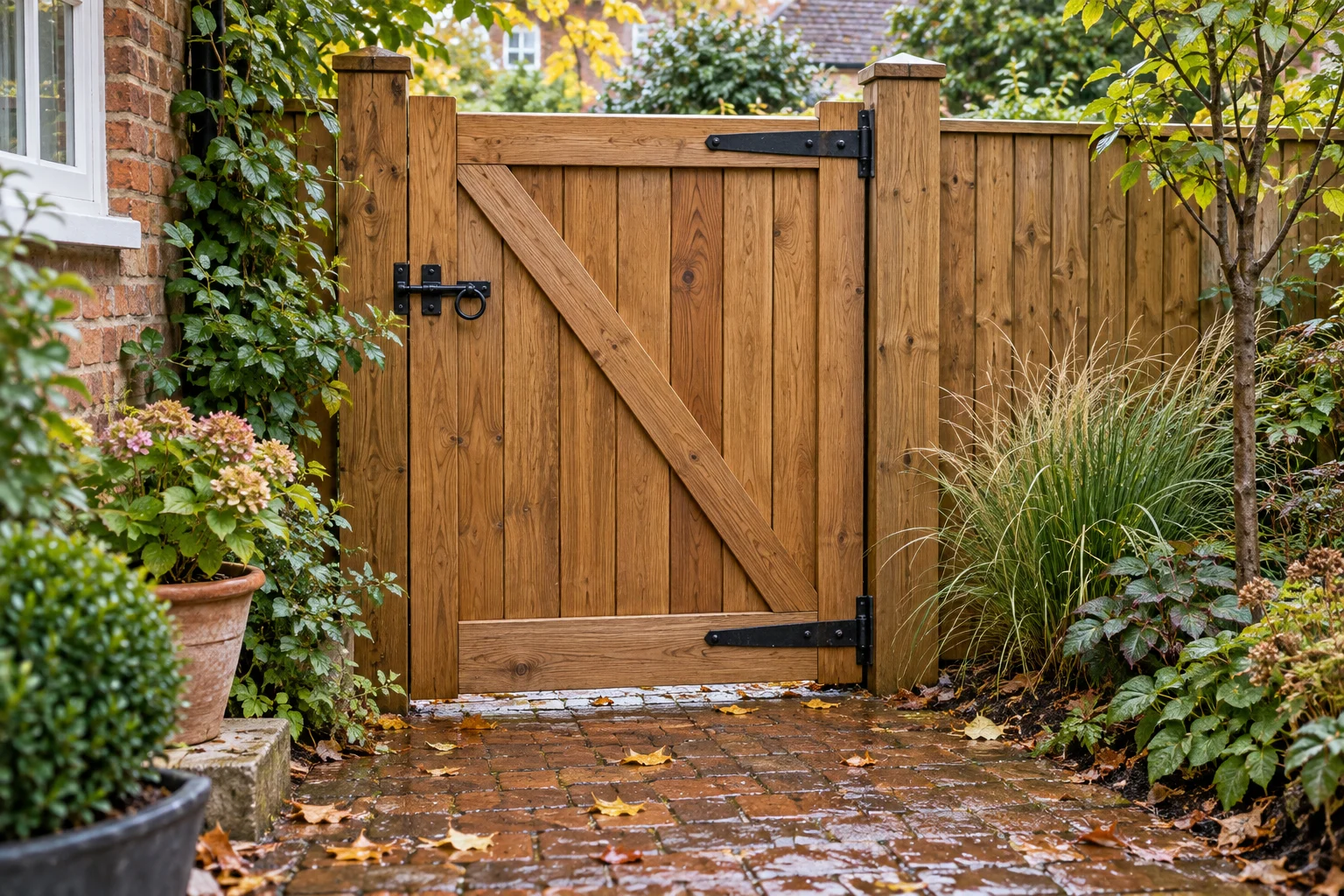 Freshly repaired oak garden gate between leafy hedges