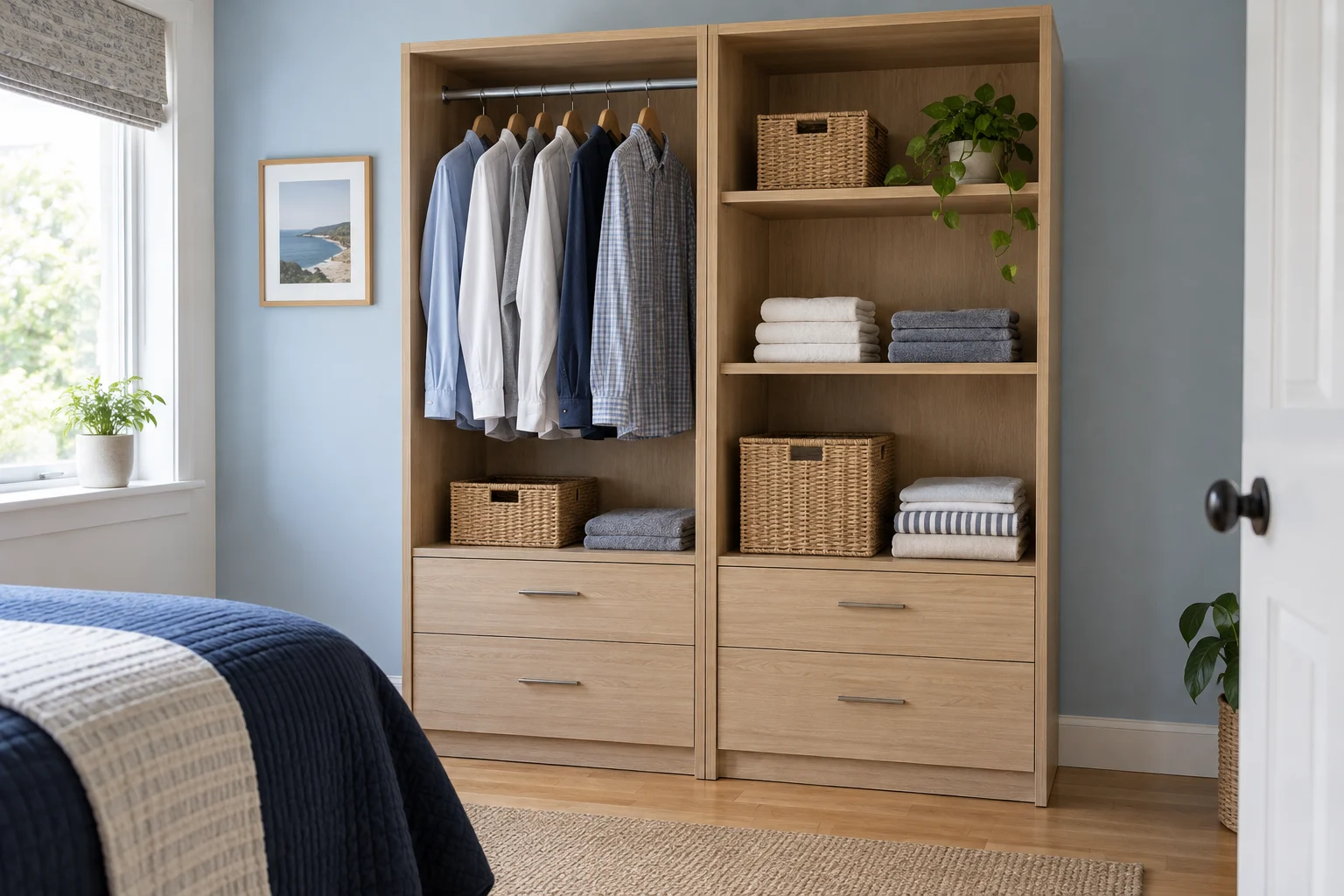 Assembled oak wardrobe with aligned doors in a bright bedroom