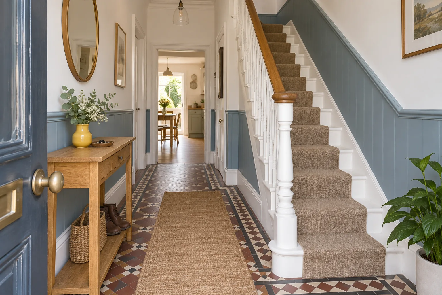 Fresh blue hallway with painted doors and warm wood flooring