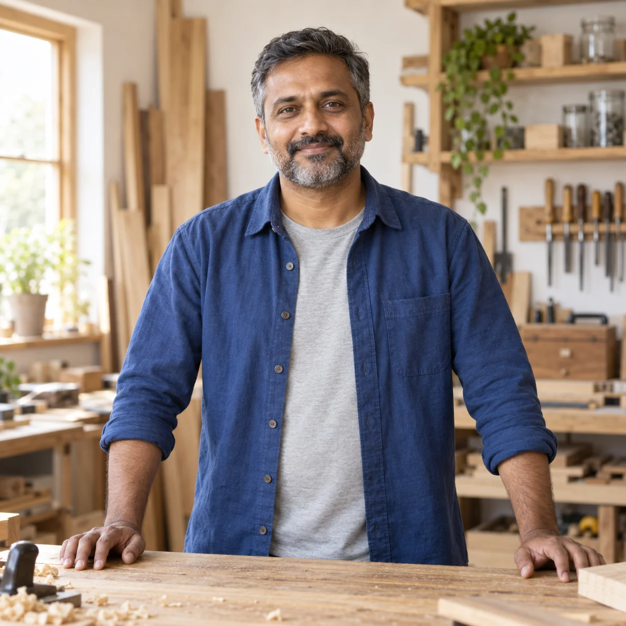 Sam Ortega, the demo carpentry and finishing team member, at a workbench